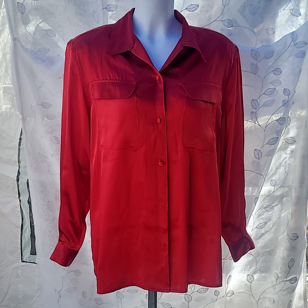 Laura Scott Red button up Blouse, size 12, unknown spots on the sleeve, see pics